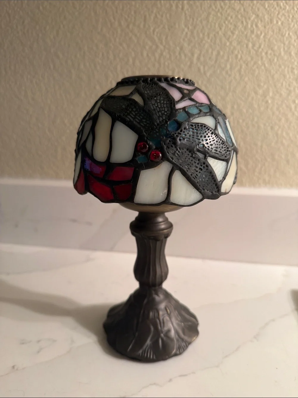 Vintage Stained Glass Dragonfly Candle Holder